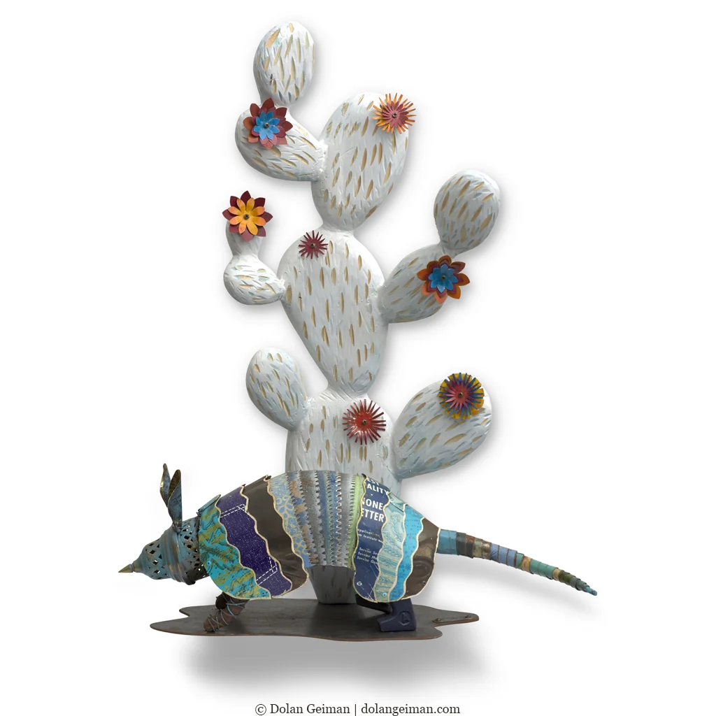 Garden Guest (Morning), armadillo and cactus sculpture by Dolan Geiman