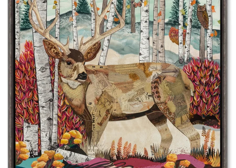 Sifting Through the Treeline, mule deer paper collage by Dolan Geiman