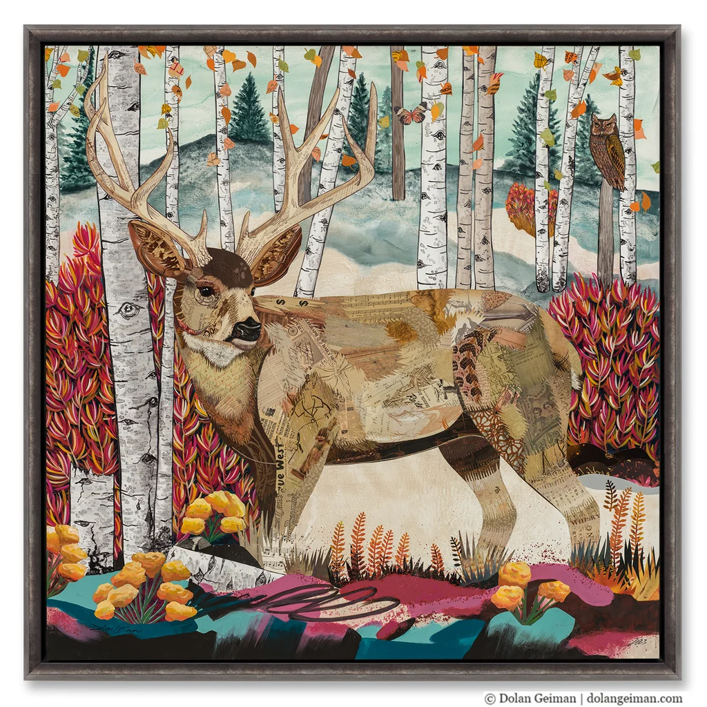 Sifting Through the Treeline, mule deer paper collage by Dolan Geiman