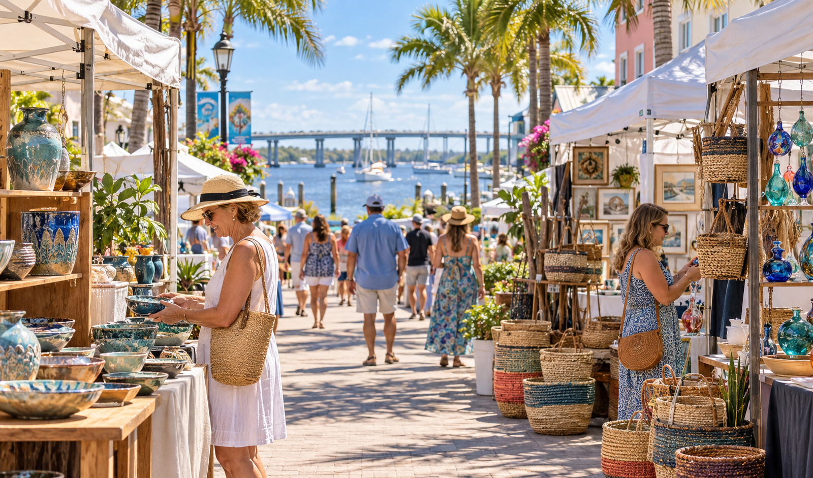 Conceptual Florida riverside craft festival with artisan booths, pottery, woven baskets and palm trees