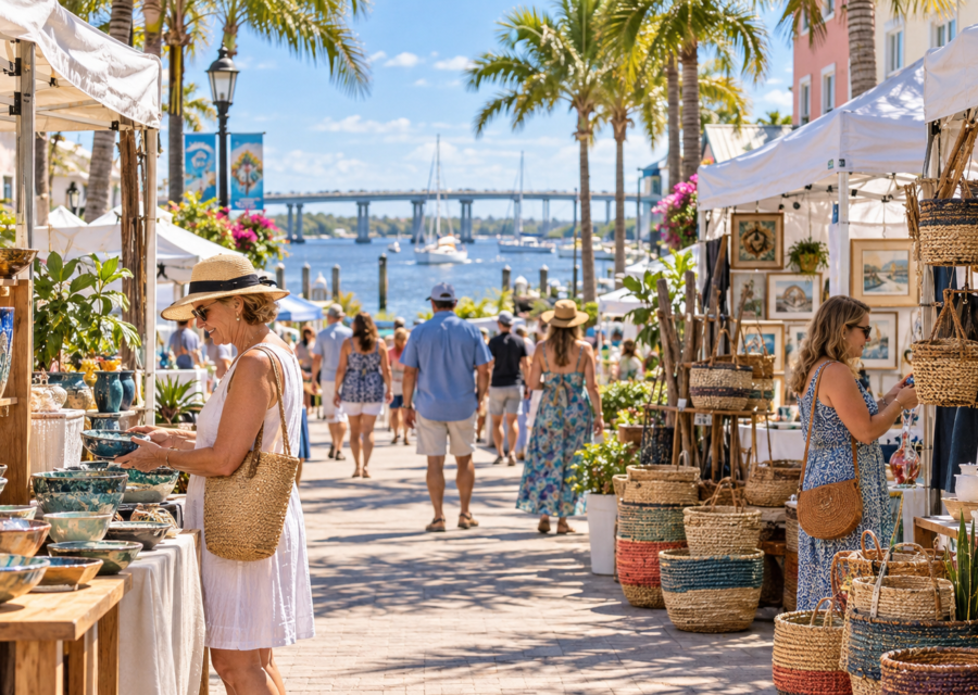 Conceptual Florida riverside craft festival with artisan booths, pottery, woven baskets and palm trees