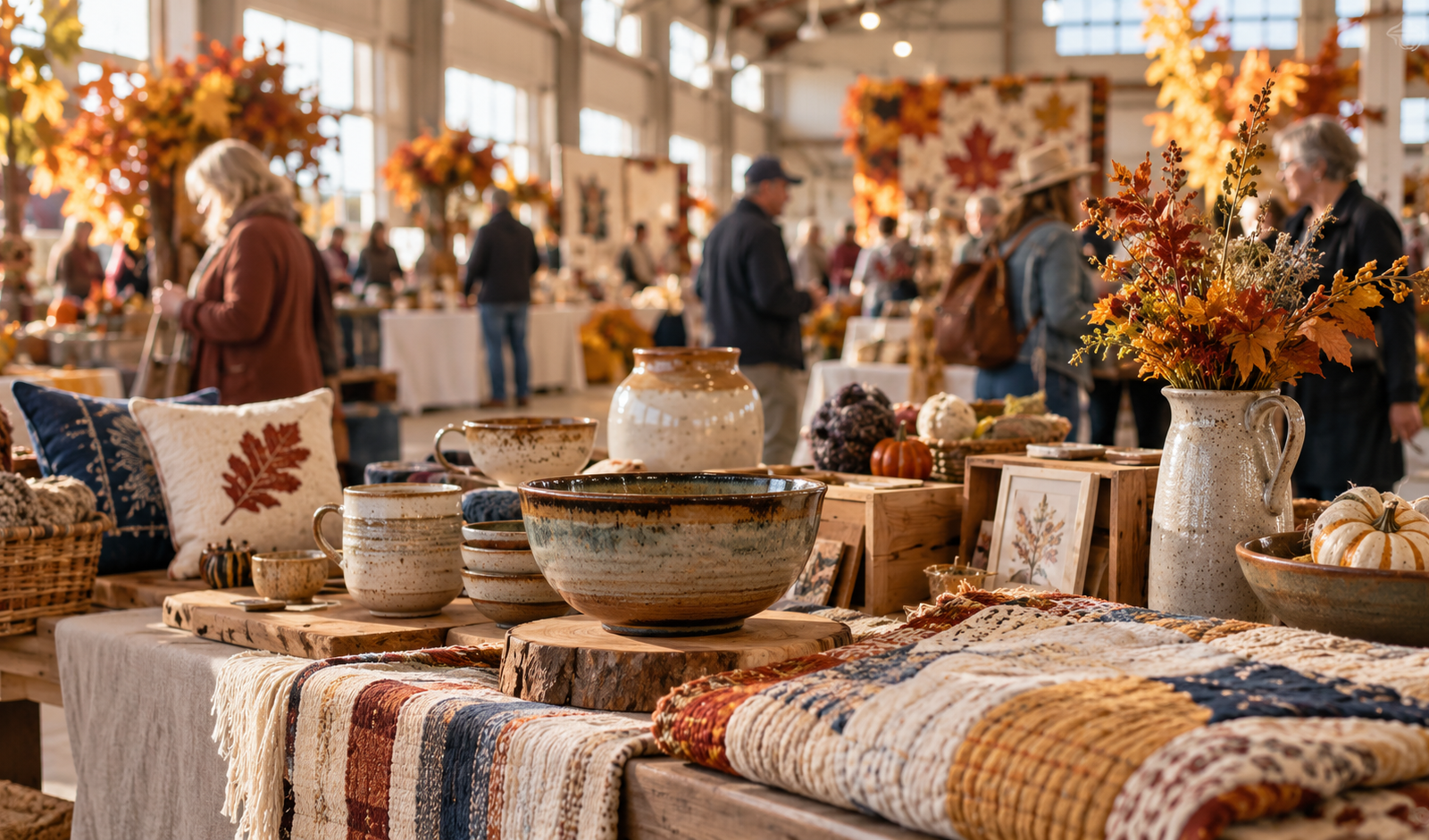Conceptual photograph of handmade ceramics and textiles at an autumn juried craft show.