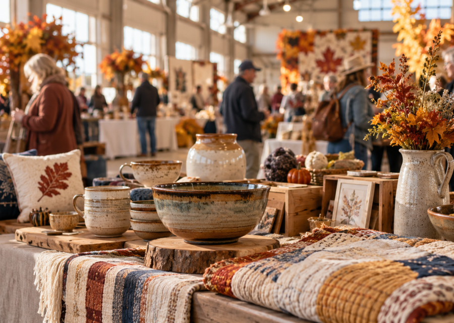 Conceptual photograph of handmade ceramics and textiles at an autumn juried craft show.