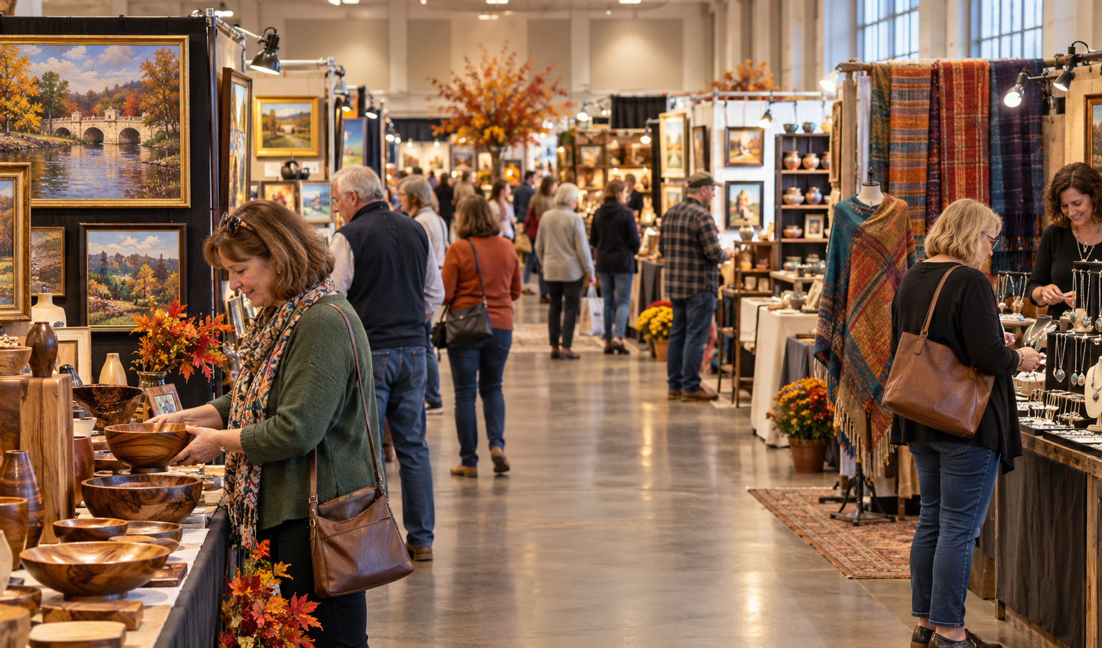 Conceptual Fredericksburg indoor arts and craft show with artisan booths, fine art and textiles
