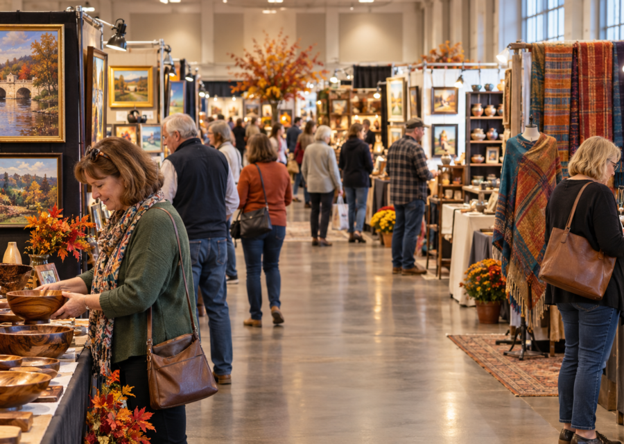 Conceptual Fredericksburg indoor arts and craft show with artisan booths, fine art and textiles