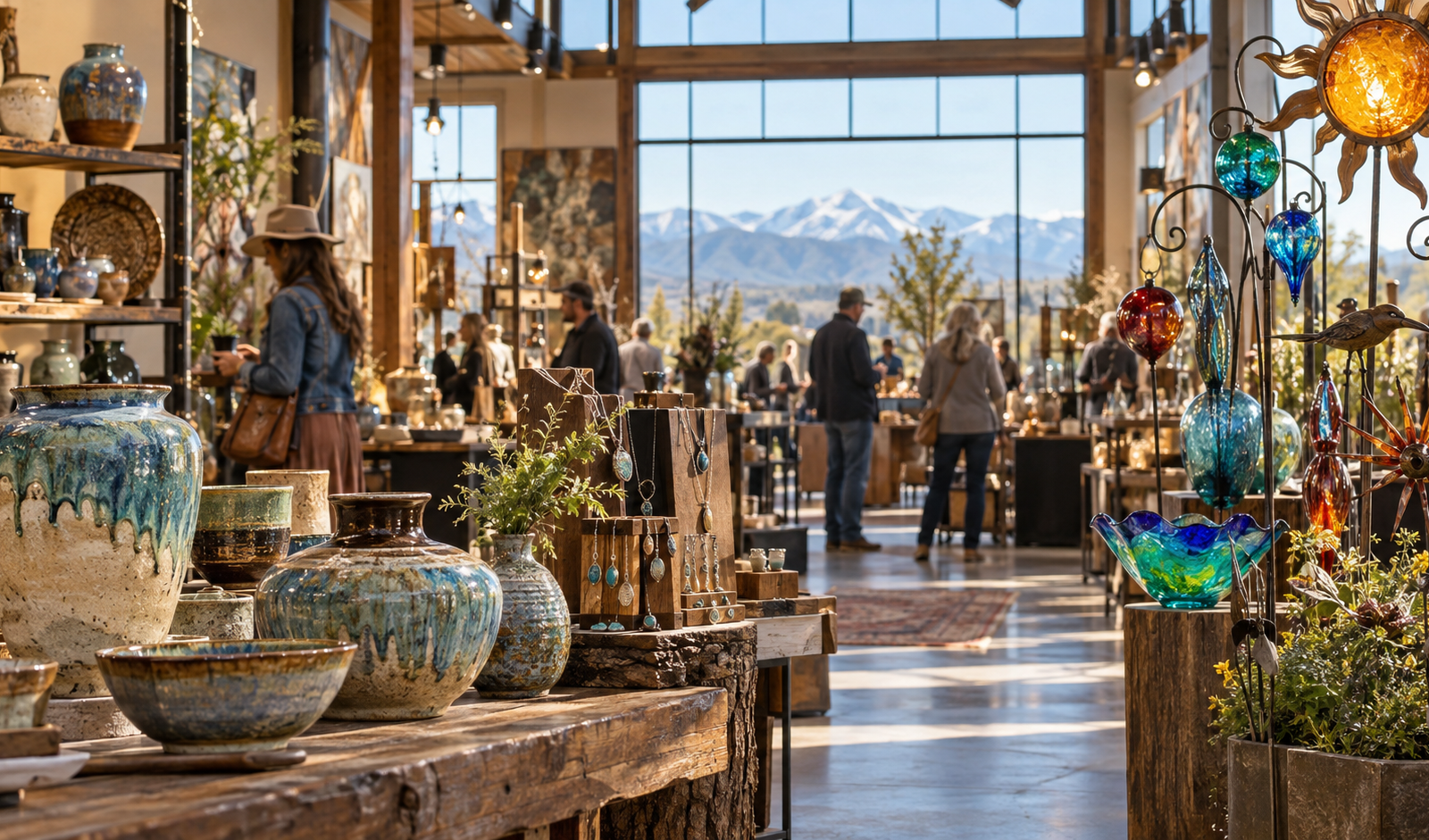 Conceptual Colorado indoor makers market with pottery, glass art and handmade jewelry.