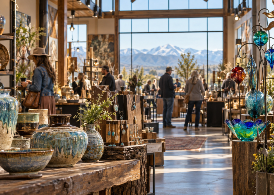 Conceptual Colorado indoor makers market with pottery, glass art and handmade jewelry.