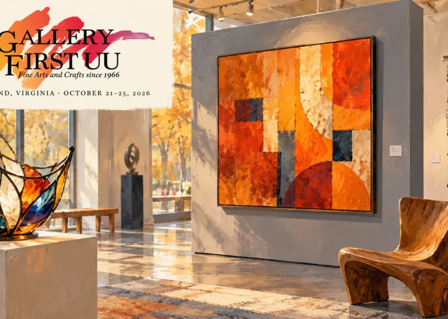 AI-generated indoor exhibition with painting, stained glass, fiber art and the official Gallery at First UU logo in the upper-left.