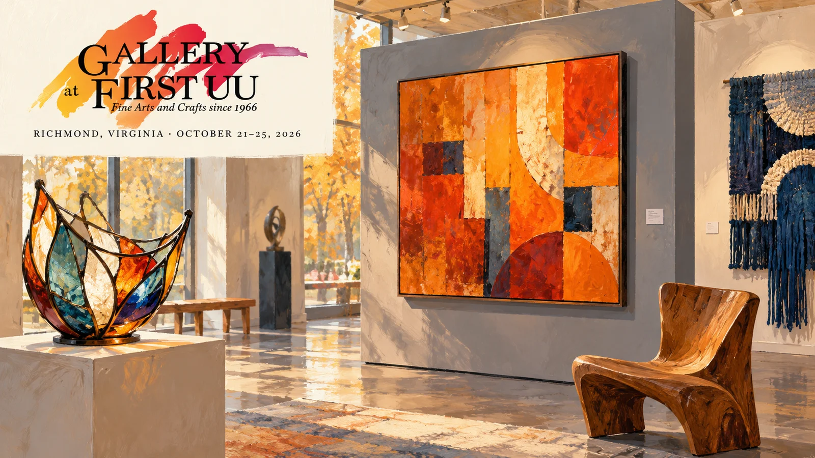 AI-generated indoor exhibition with painting, stained glass, fiber art and the official Gallery at First UU logo in the upper-left.