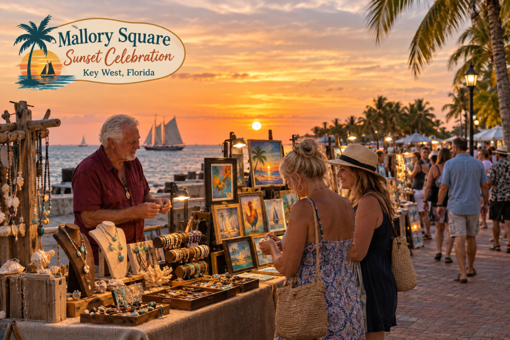 AI-created editorial scene for Mallory Square Sunset Celebration, with an original show-name badge.