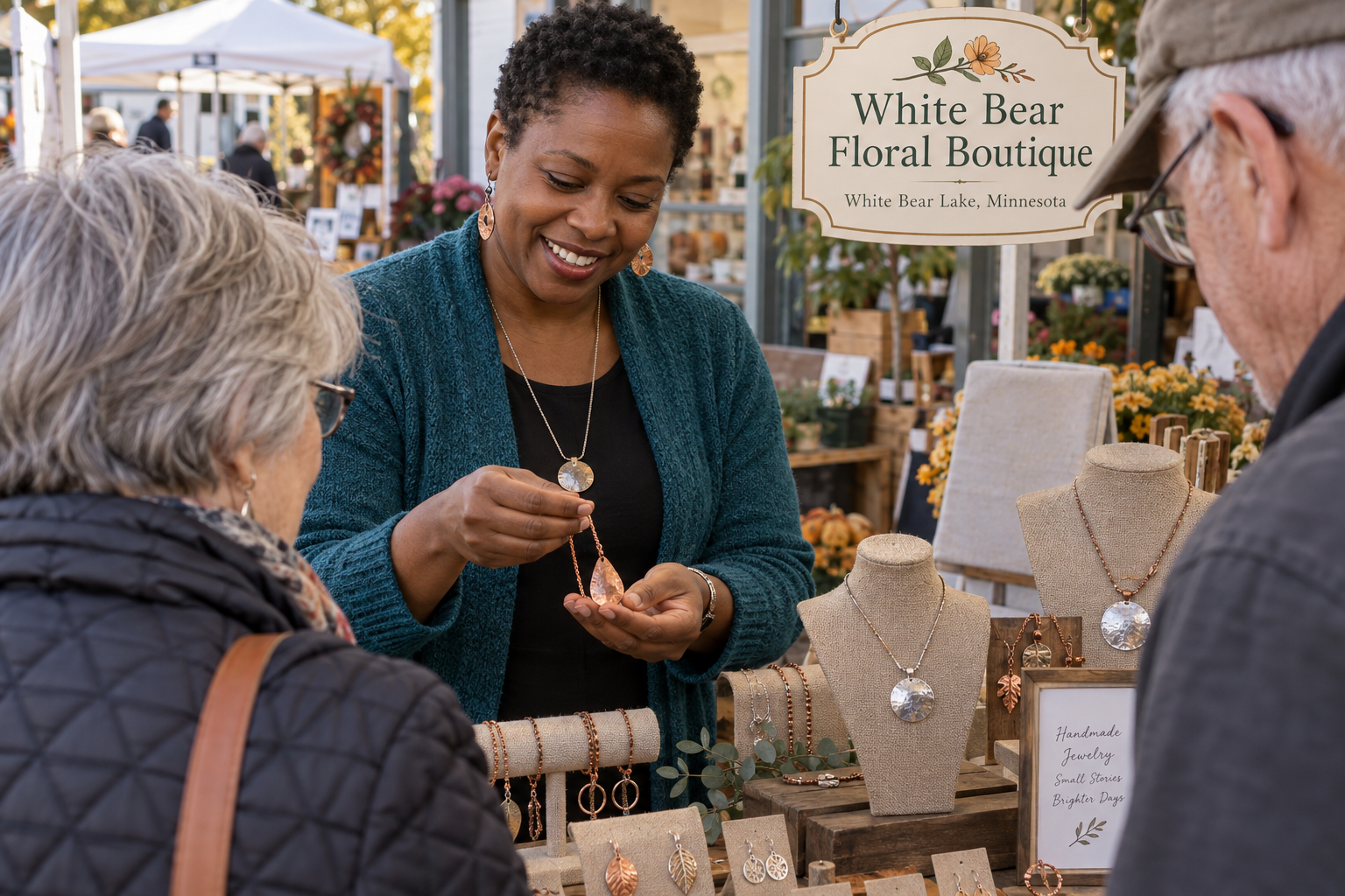 AI-created editorial scene for White Bear Floral Boutique, with an original show-name badge.