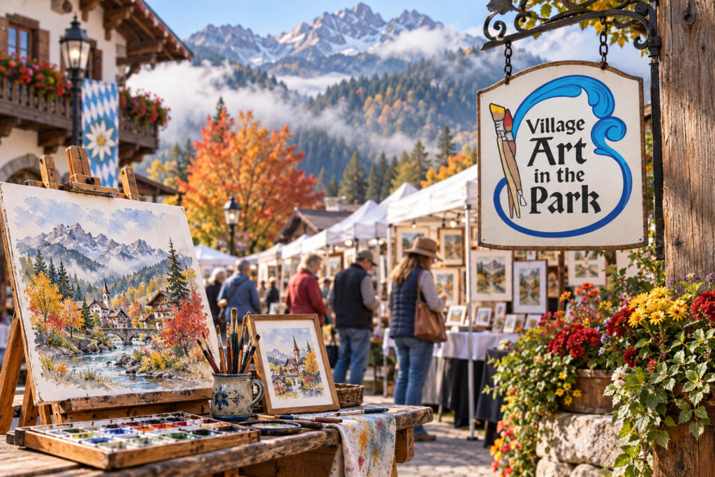 AI-created editorial scene for Village Art in the Park, with show-name branding.
