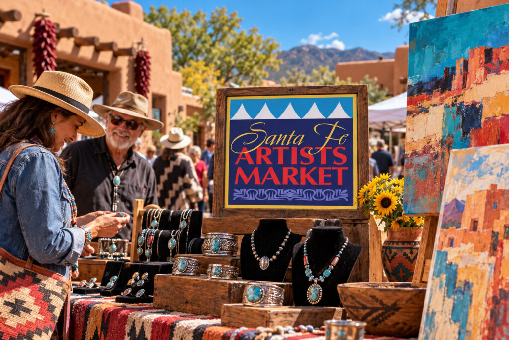 AI-created editorial scene for Santa Fe Artists Market, with show-name branding.