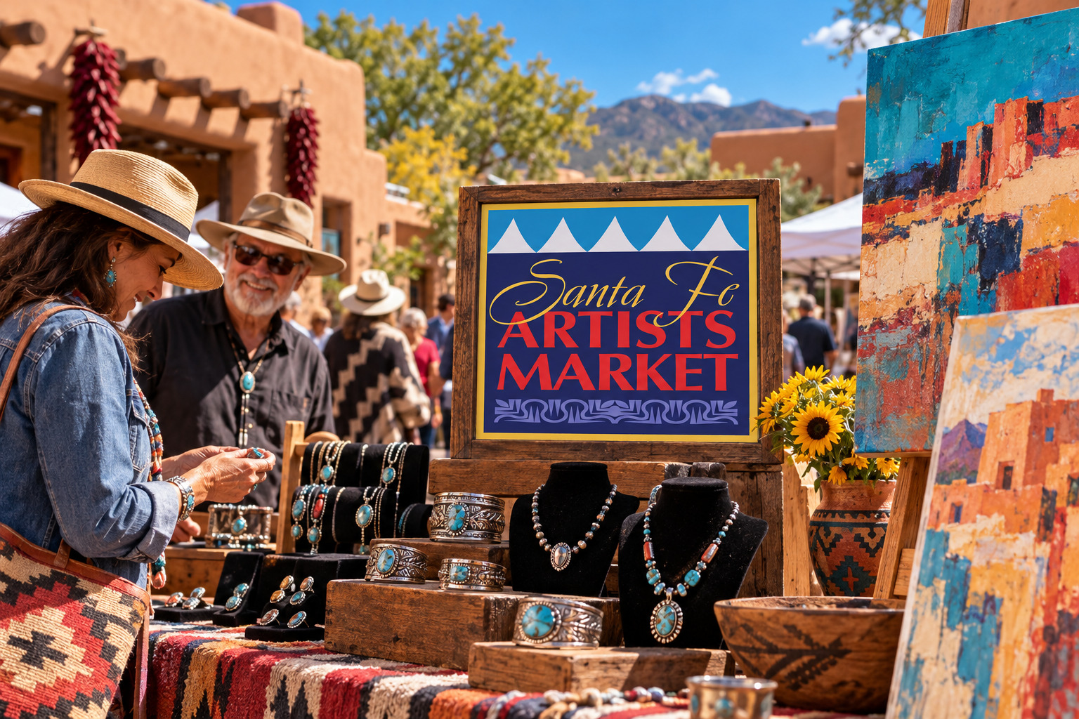 AI-created editorial scene for Santa Fe Artists Market, with show-name branding.