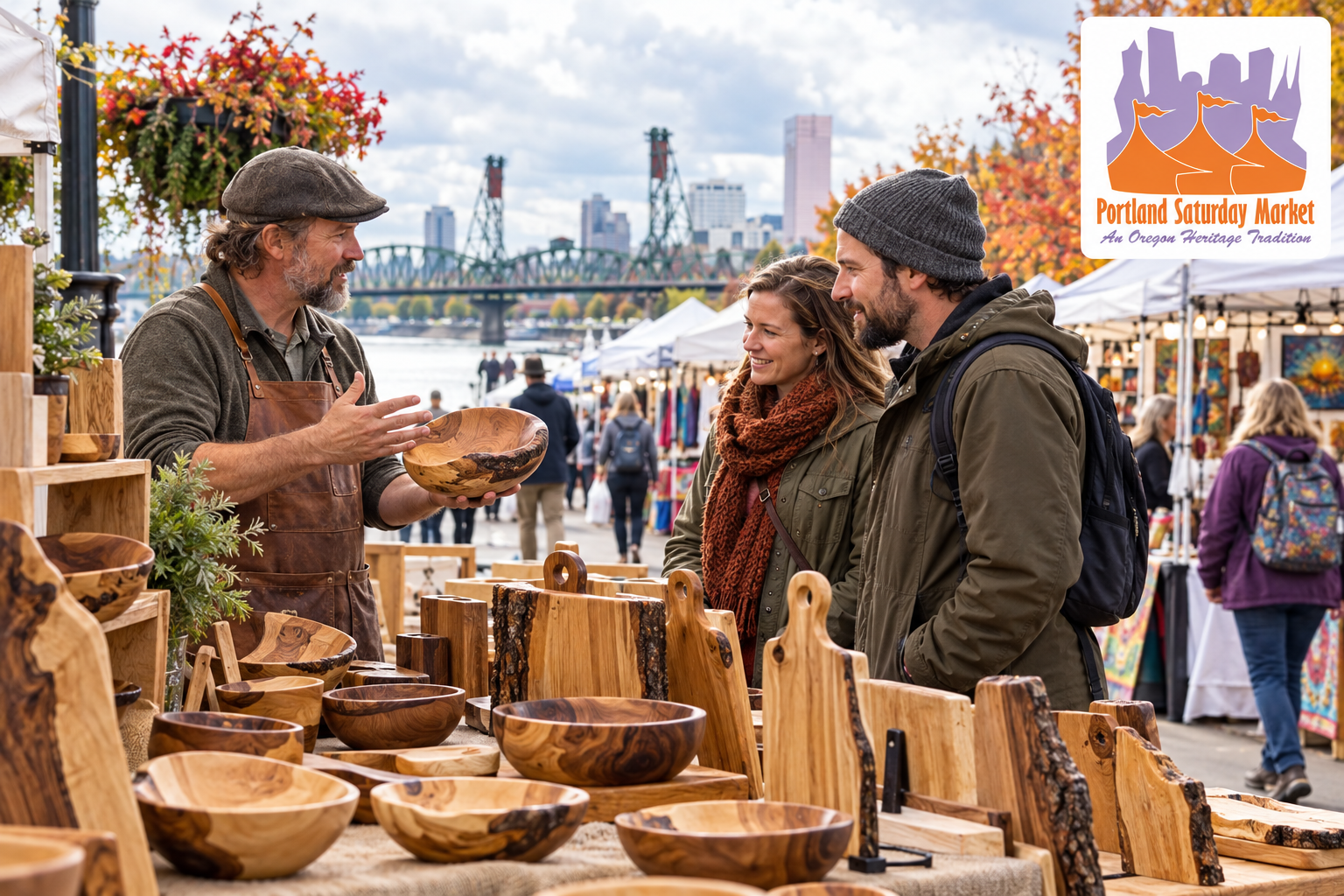AI-created editorial scene for Portland Saturday Market, with its published show or organizer mark.