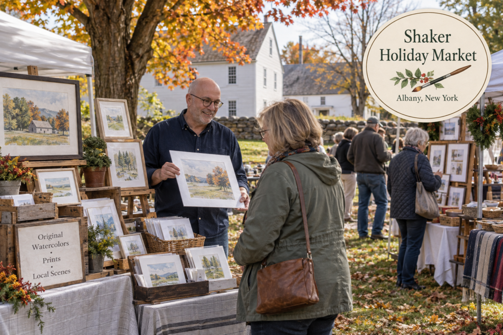 AI-created editorial scene for Shaker Holiday Market, with an original show-name badge.