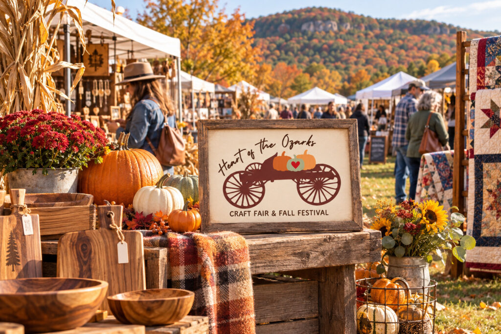 AI-created editorial scene for Heart of the Ozarks Craft Fair & Fall Festival, with show-name branding.