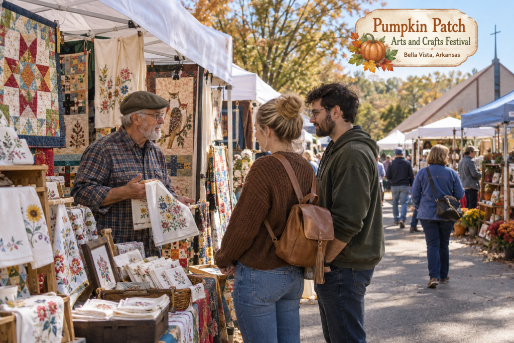 AI-created editorial scene for Pumpkin Patch Arts and Crafts Festival, with an original show-name badge.