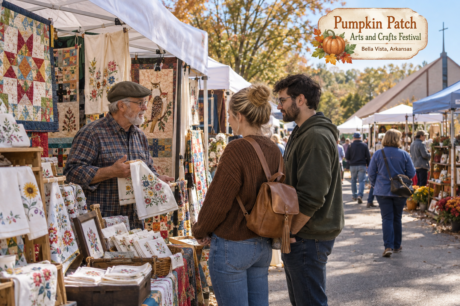 AI-created editorial scene for Pumpkin Patch Arts and Crafts Festival, with an original show-name badge.