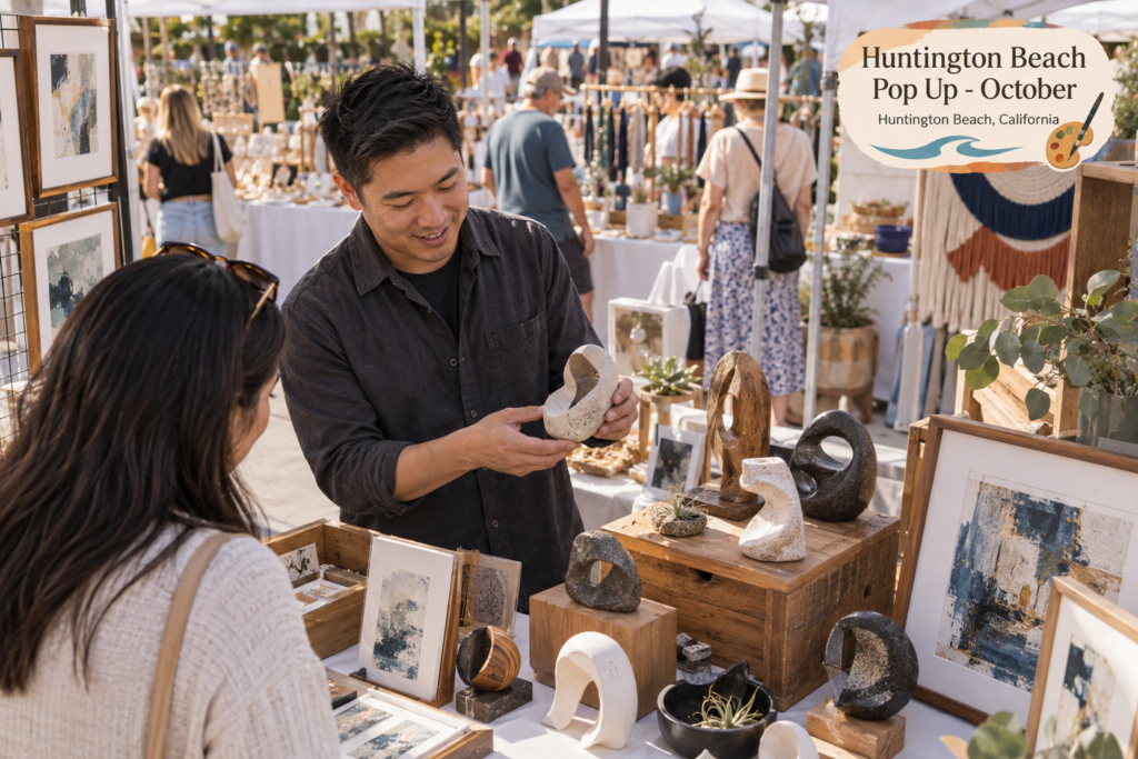 AI-created editorial scene for Huntington Beach Pop Up - October, with an original show-name badge.