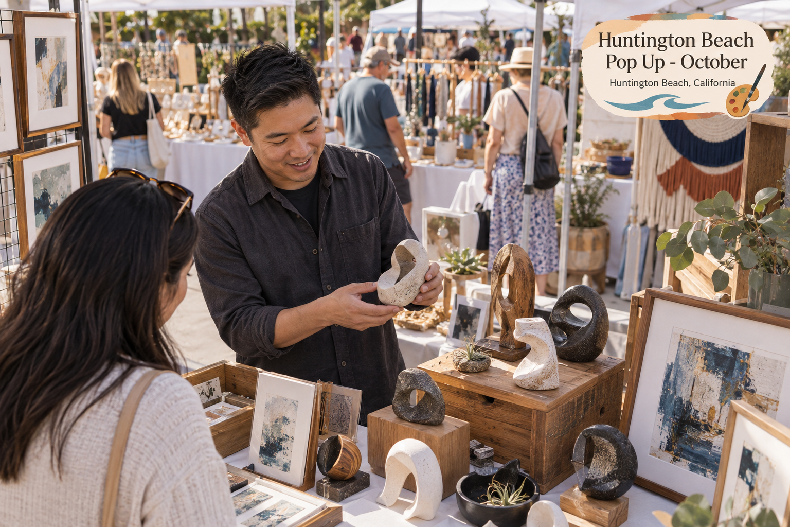 AI-created editorial scene for Huntington Beach Pop Up - October, with an original show-name badge.