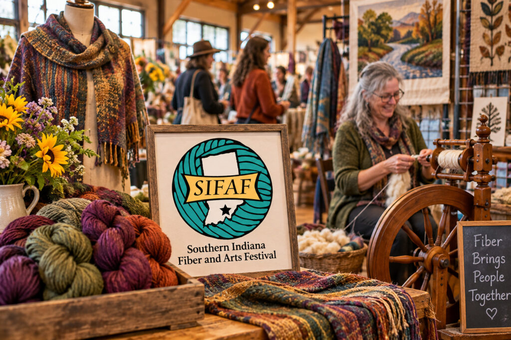 AI-created editorial scene for Southern Indiana Fiber & Arts Festival, with show-name branding.