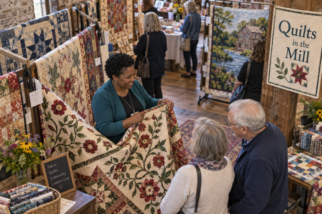 AI-created editorial scene for Quilts in the Mill, with an original show-name badge.