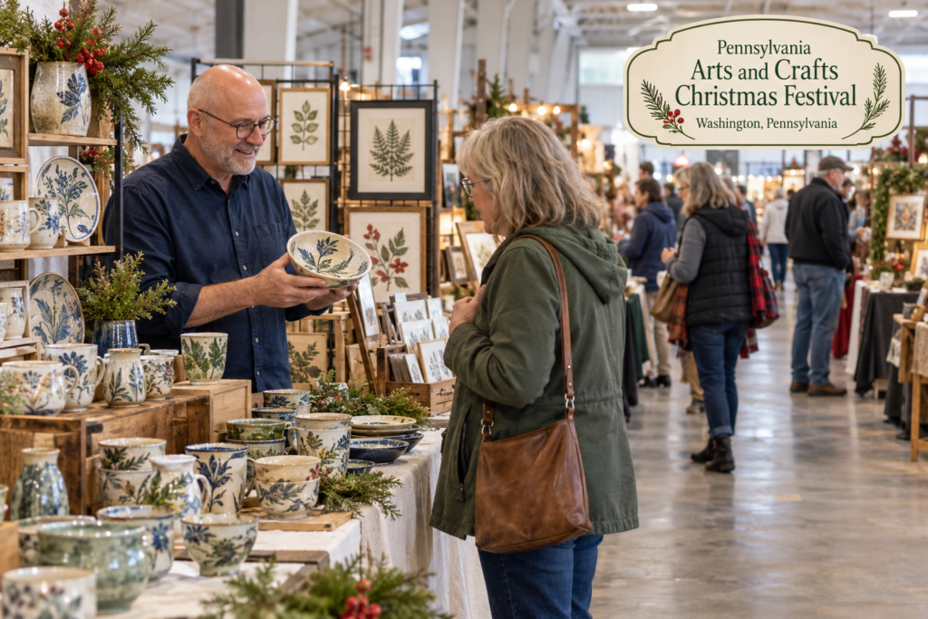 AI-created editorial scene for Pennsylvania Arts and Crafts Christmas Festival, with an original show-name badge.