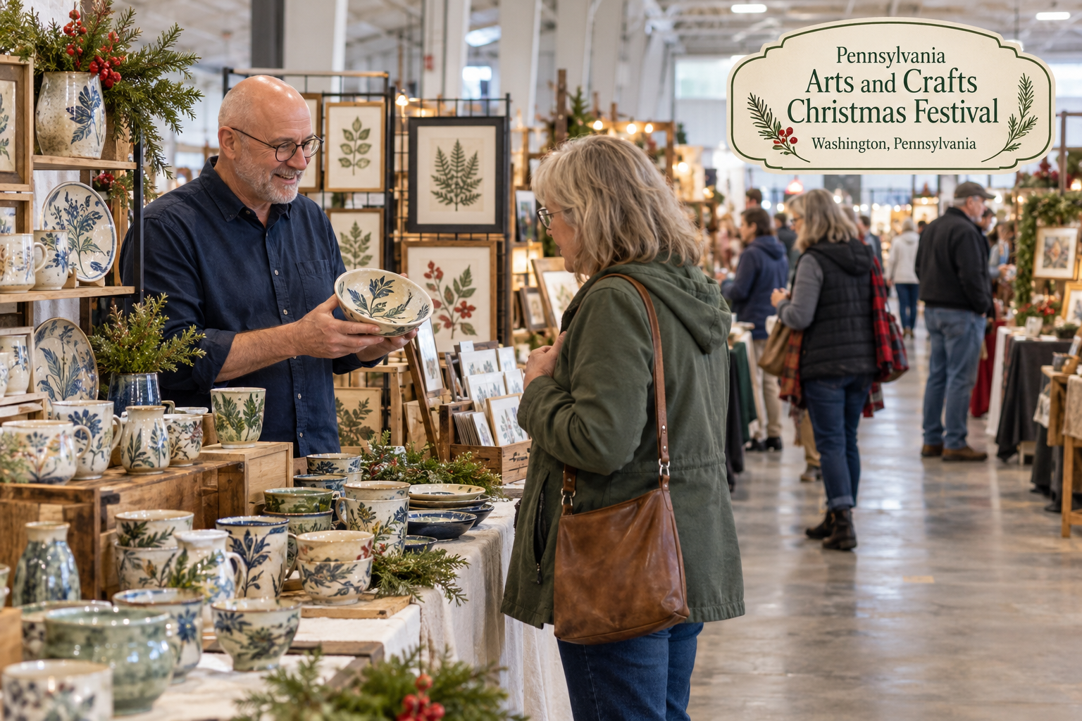 AI-created editorial scene for Pennsylvania Arts and Crafts Christmas Festival, with an original show-name badge.