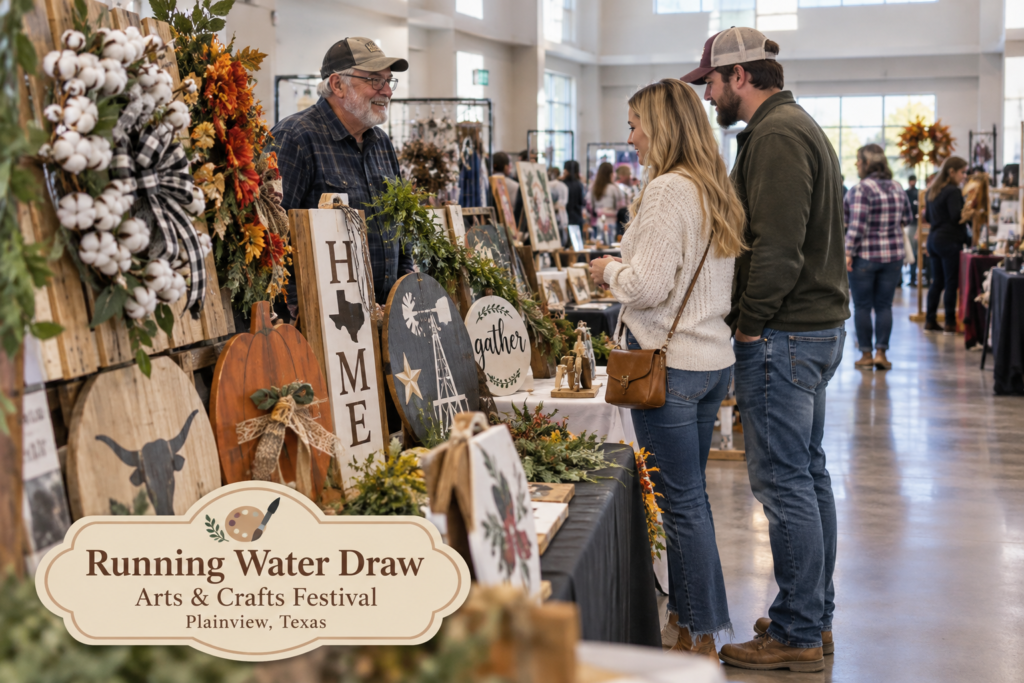 AI-created editorial scene for Running Water Draw Arts & Crafts Festival, with an original show-name badge.