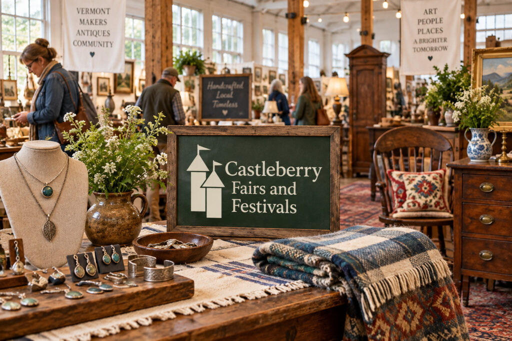AI-created editorial scene for Champlain Valley Craft Show & Antique Expo, with show-name branding.