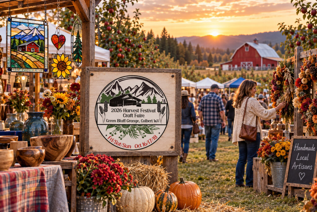 AI-created editorial scene for Green Bluff Grange Harvest Festival Craft Faire, with show-name branding.