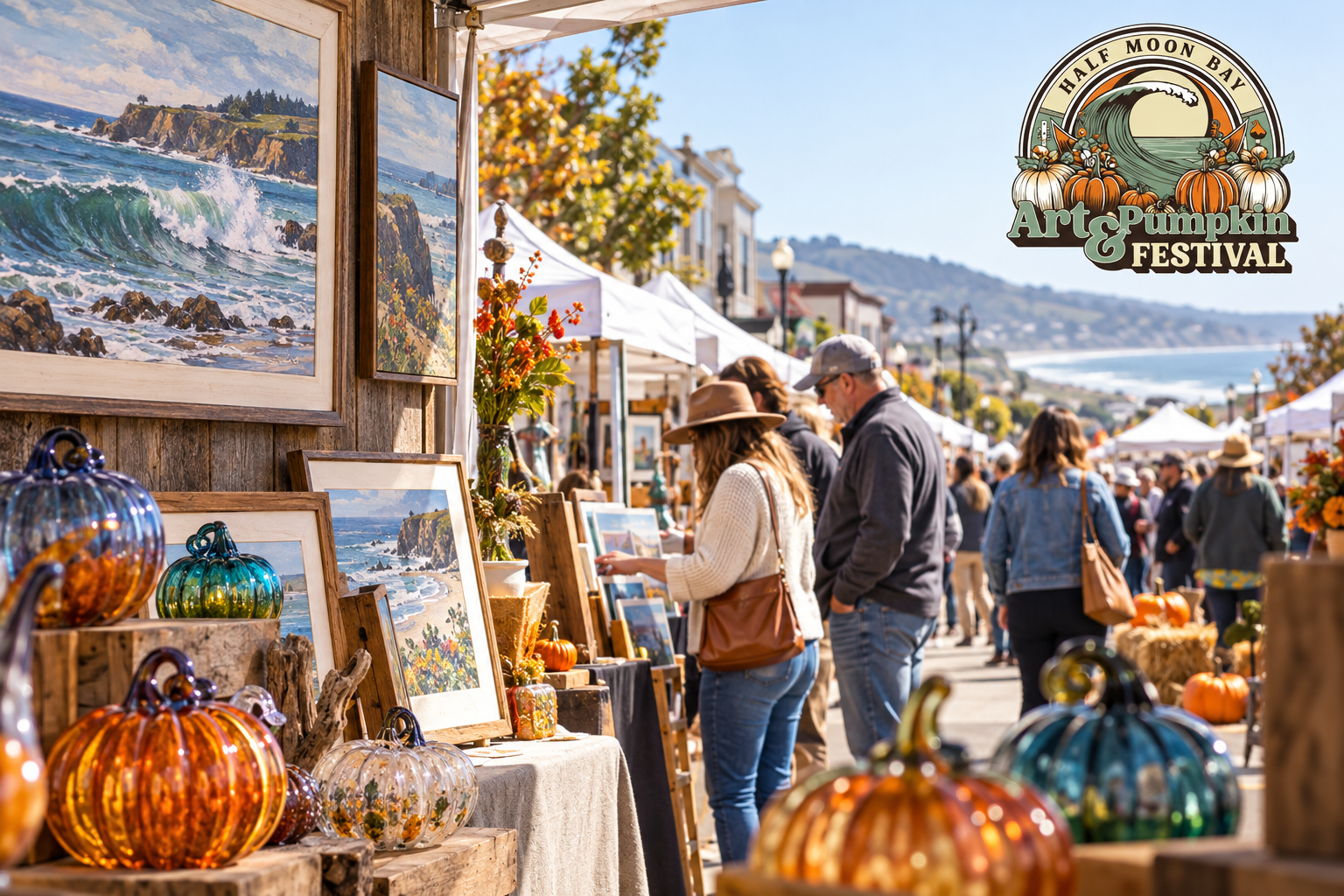 AI-created editorial scene for Half Moon Bay Art & Pumpkin Festival, with its published show or organizer mark.