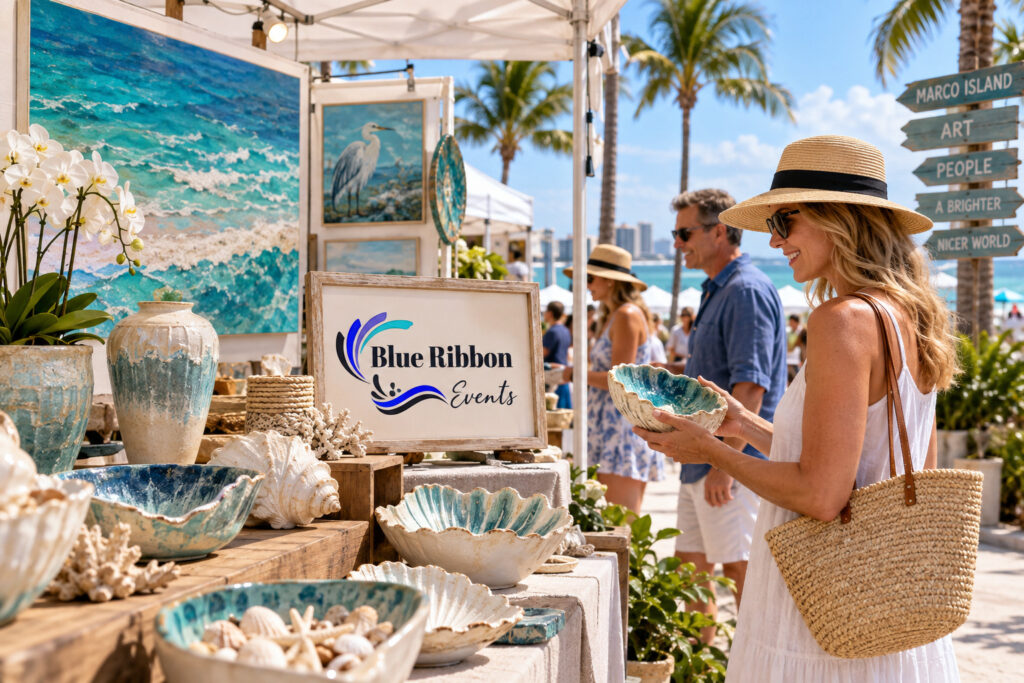 AI-created editorial scene for Marco Island Art in the Park, with show-name branding.