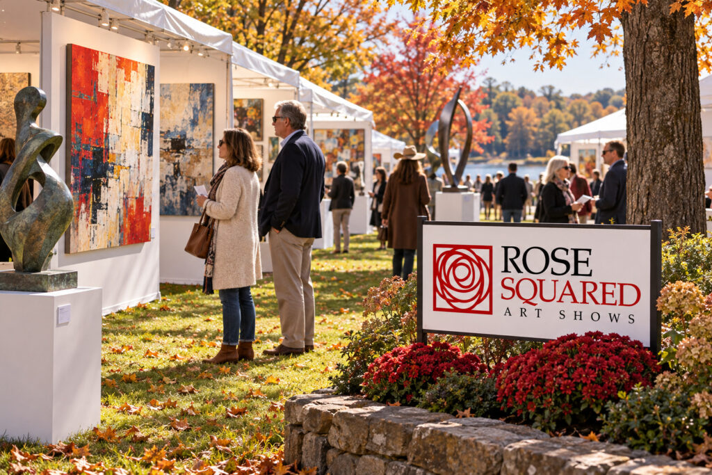 AI-created editorial scene for Rose Squared Fall Brookdale Park Art Show, with show-name branding.