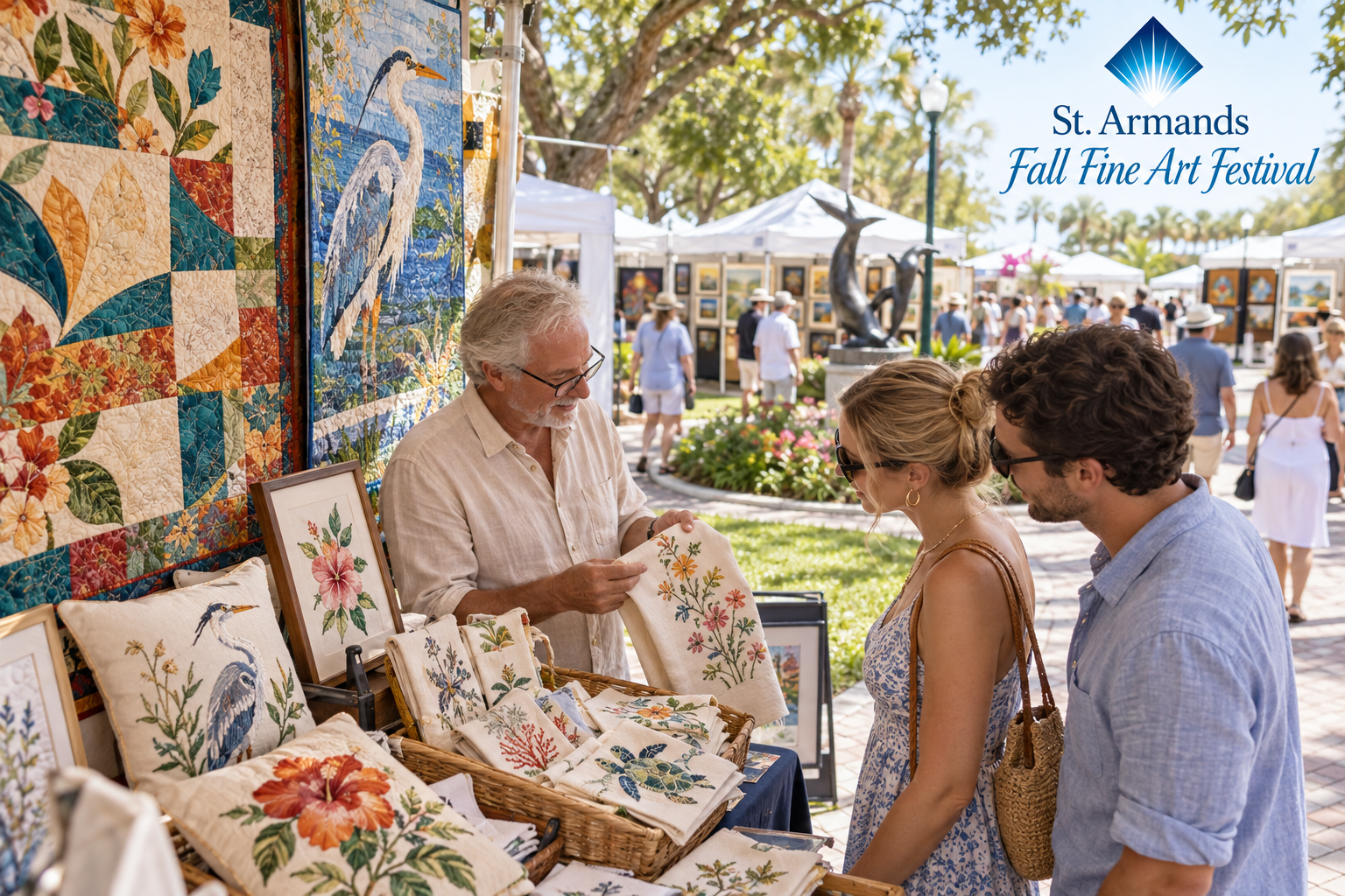 AI-created editorial scene for St. Armands Fall Fine Art Festival, with its published show or organizer mark.