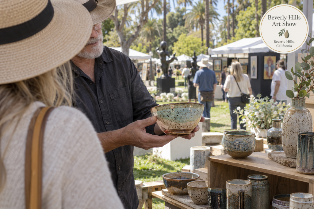 AI-created editorial scene for Beverly Hills Art Show, with an original show-name badge.