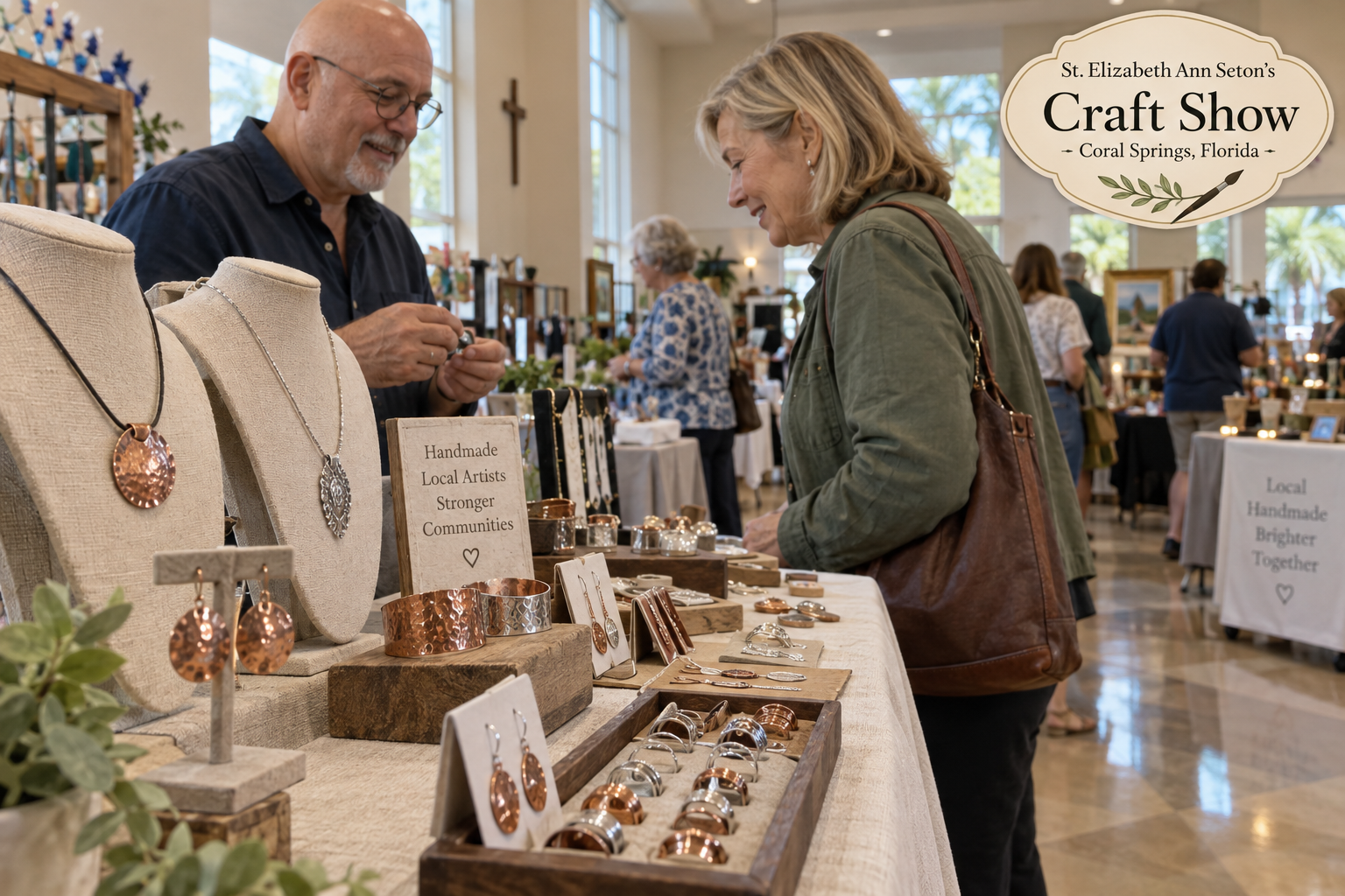 AI-created editorial scene for St. Elizabeth Ann Seton’s Craft Show, with an original show-name badge.