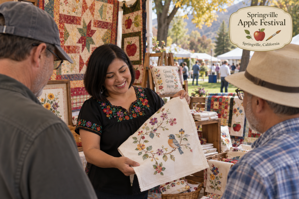 AI-created editorial scene for Springville Apple Festival, with an original show-name badge.