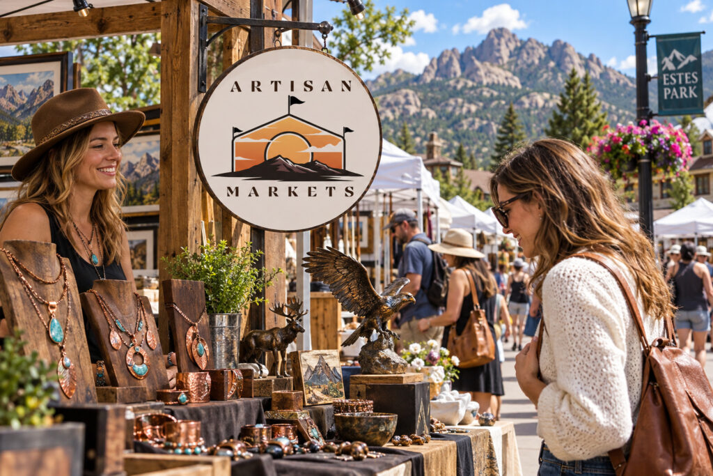 AI-created editorial scene for Artisan Markets at Estes Park, with show-name branding.