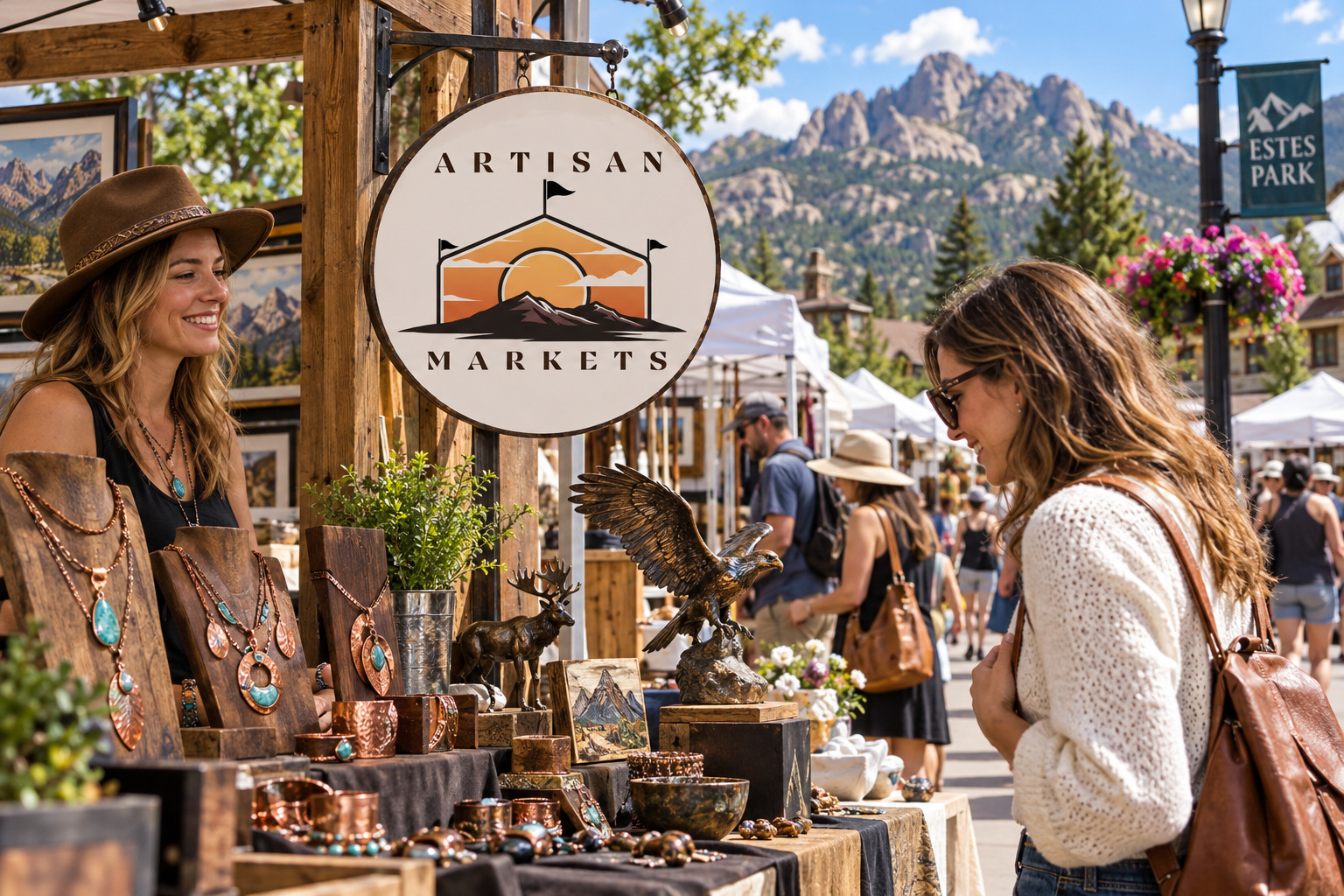 AI-created editorial scene for Artisan Markets at Estes Park, with show-name branding.