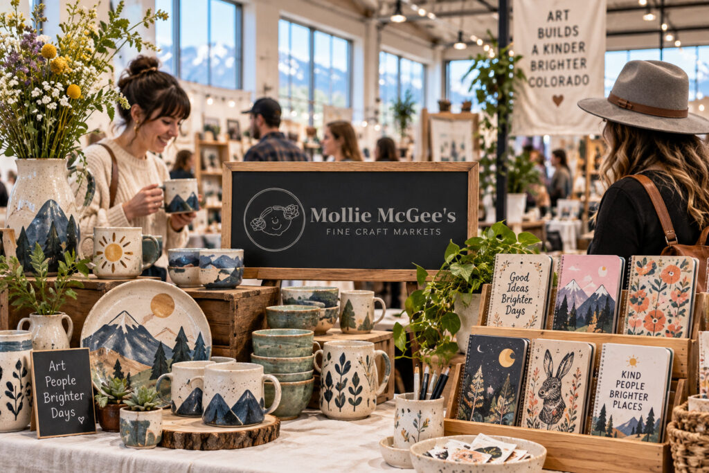 AI-created editorial scene for Mollie McGee's Fall Craft Market, with show-name branding.