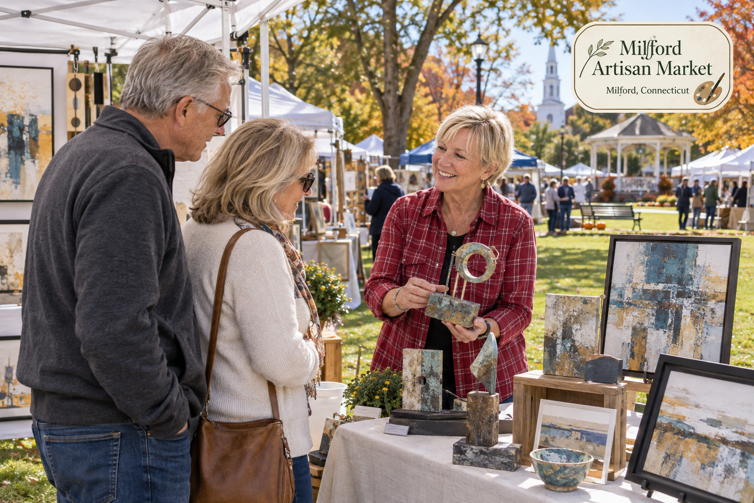 AI-created editorial scene for Milford Artisan Market, with an original show-name badge.
