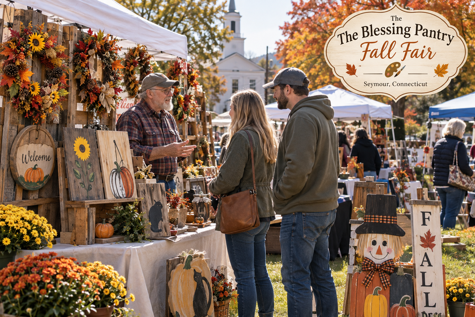 AI-created editorial scene for The Blessing Pantry Fall Fair, with an original show-name badge.
