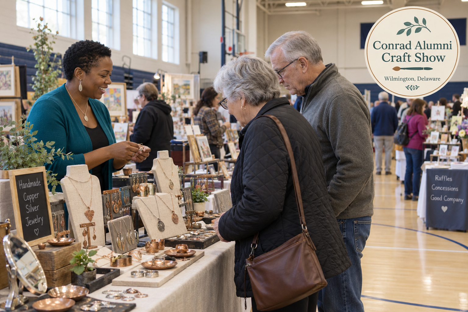 AI-created editorial scene for Conrad Alumni Craft Show, with an original show-name badge.