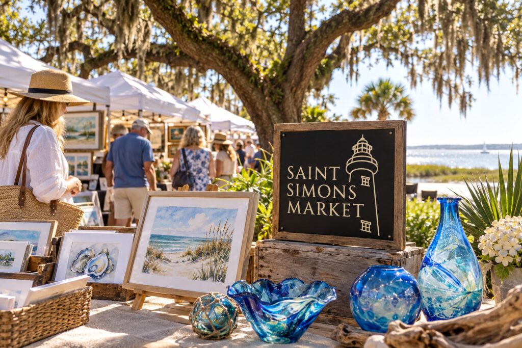 AI-created editorial scene for Saint Simons Market - October Arts & Craft Show, with show-name branding.