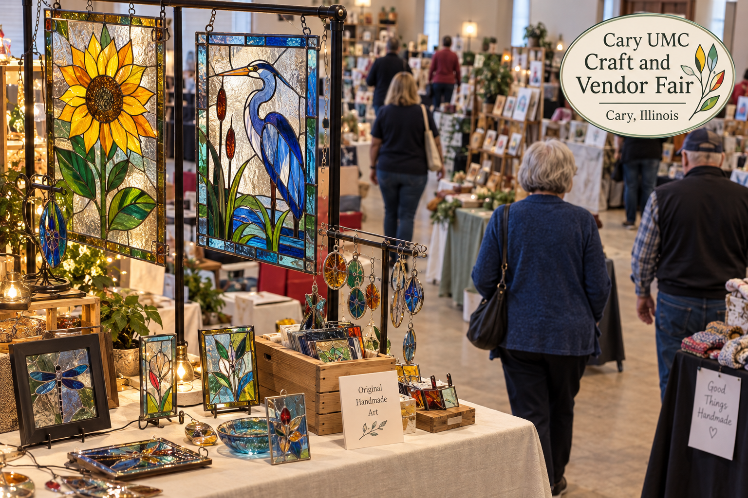 AI-created editorial scene for Cary UMC Craft and Vendor Fair, with an original show-name badge.