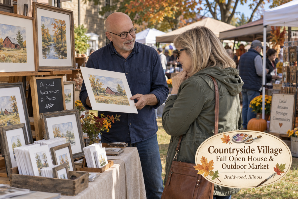 AI-created editorial scene for Countryside Village Fall Open House & Outdoor Market, with an original show-name badge.