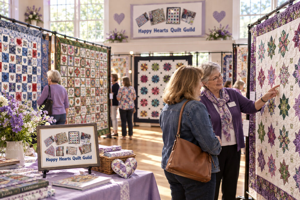 AI-created editorial scene for No Quilt Left Behind Quilt Show & Vendor Fair, with show-name branding.
