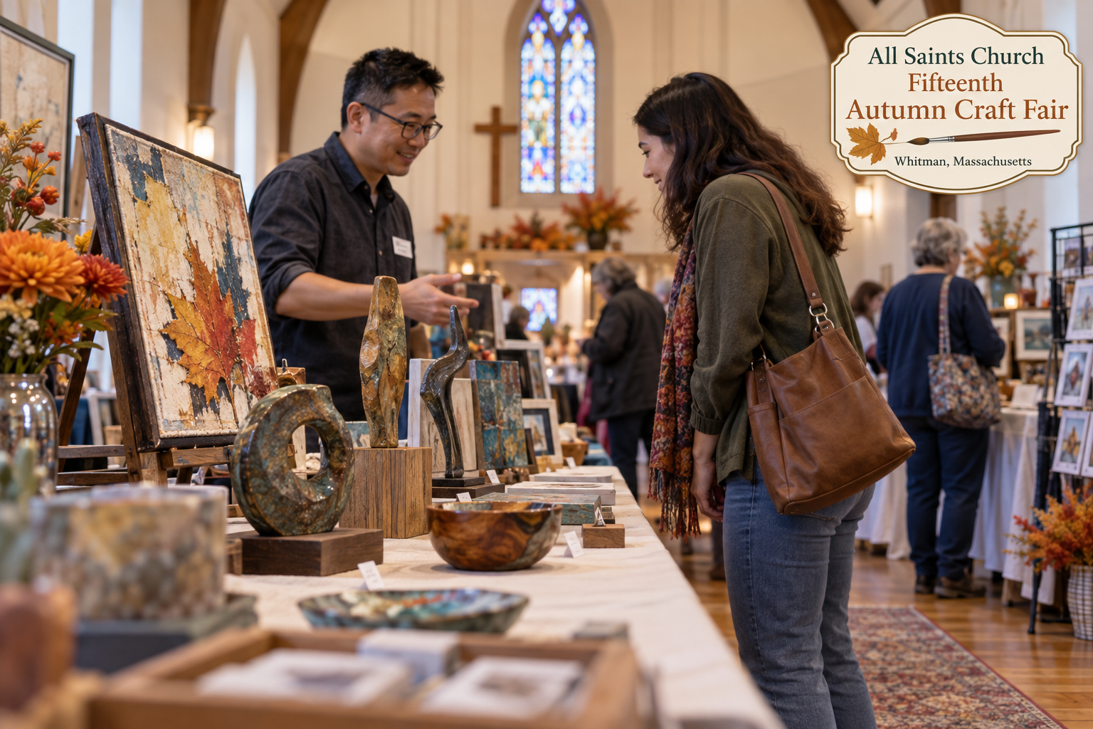 AI-created editorial scene for All Saints Church Fifteenth Autumn Craft Fair, with an original show-name badge.